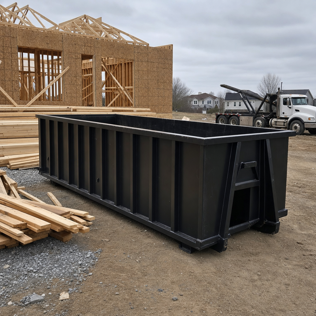 Matte-black 40-yard roll-off dumpster staged on a framed-out residential construction site in Danbury, framing lumber stacked nearby, hooklift delivery truck visible in the background under bright Colorado daylight