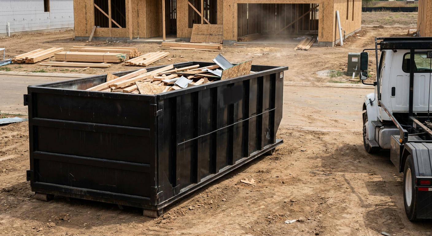Matte-black 20-yard roll-off construction dumpster with heavy ribbed steel sidewalls and swing rear doors at a working jobsite in Danbury, sitting directly on compacted dirt with an unmarked white hauler partially visible at the far edge of the frame.