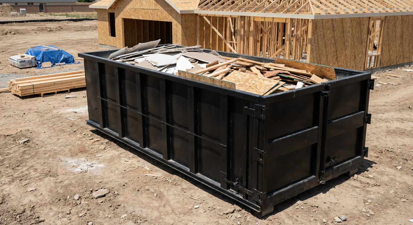 Matte-black 30-yard roll-off construction dumpster sitting directly on the compacted-dirt site of a framed single-family home build in Danbury, drywall and lumber scrap loaded inside.