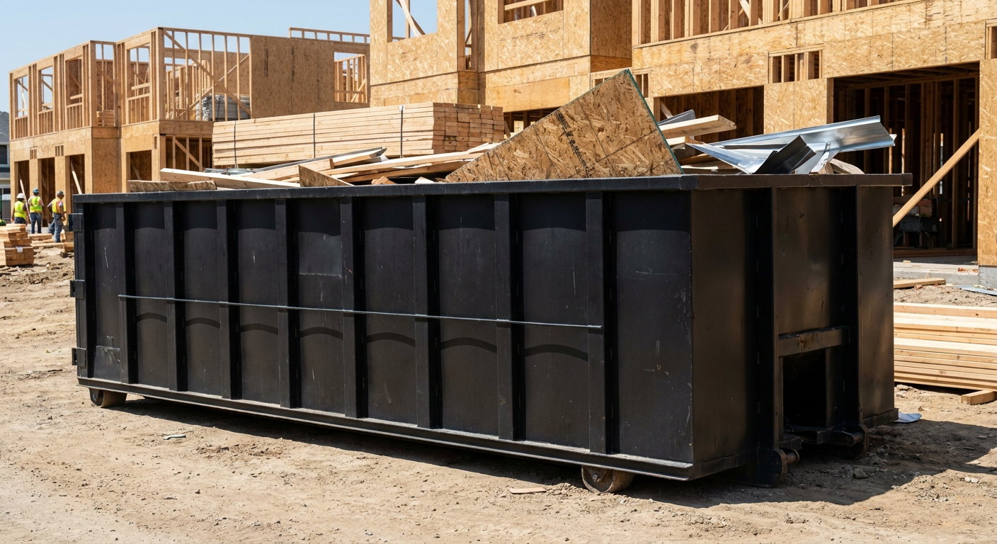 Matte-black 40-yard roll-off construction dumpster being lowered from a white-cab hooklift delivery truck onto the compacted-dirt jobsite at a commercial build site in Danbury