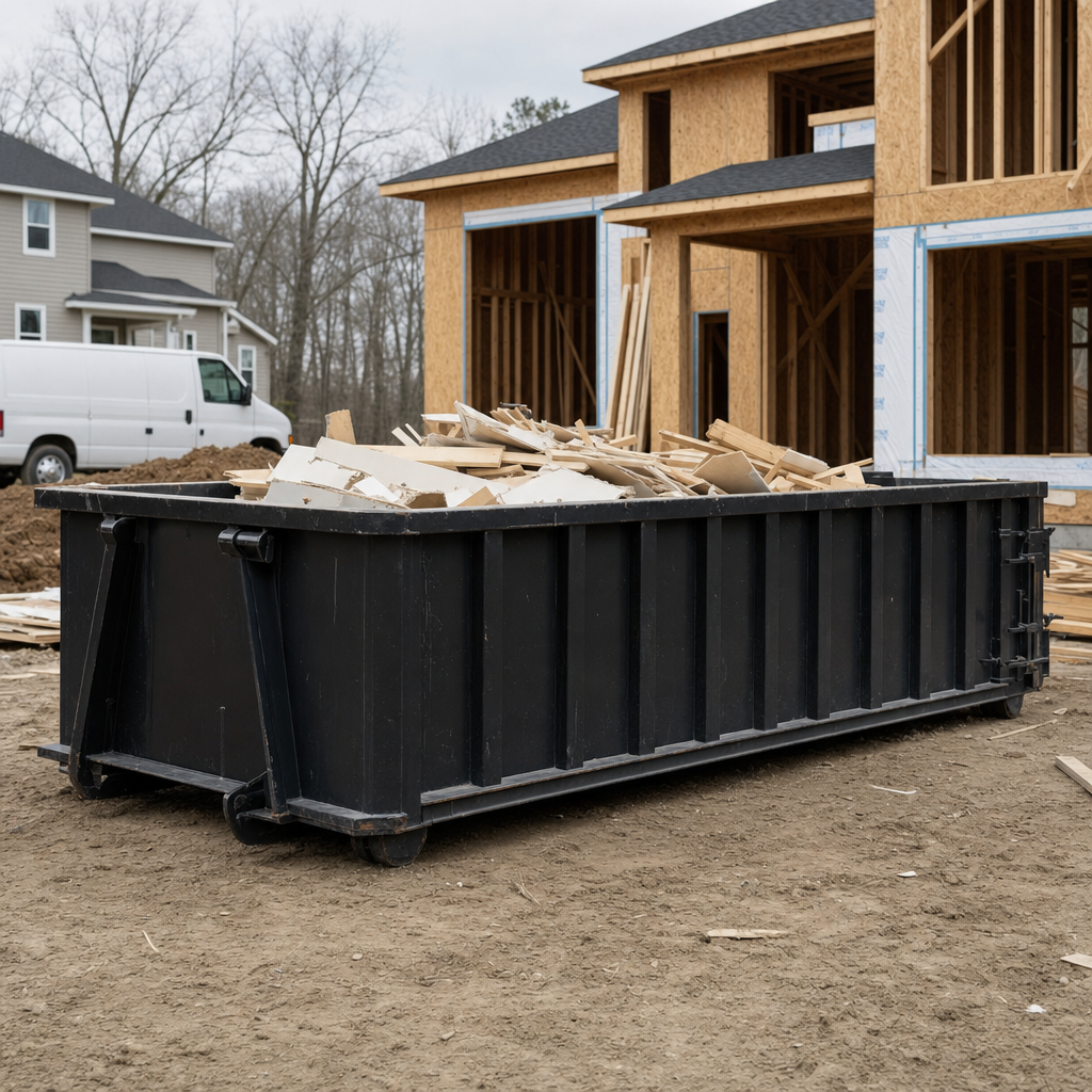 Worker in a yellow high-visibility vest tossing framing lumber and broken drywall into a matte-black 30-yard construction roll-off dumpster on an active build site in Danbury, bright daylight