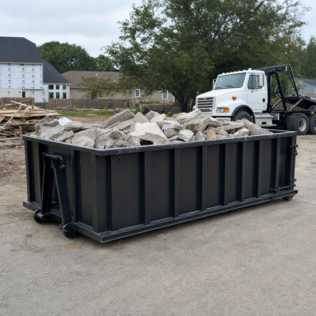 Low-profile matte-black lowboy roll-off dumpster loaded with broken concrete slab and rebar at a foundation tear-out in Danbury, skid steer parked beside it, sunny Colorado morning