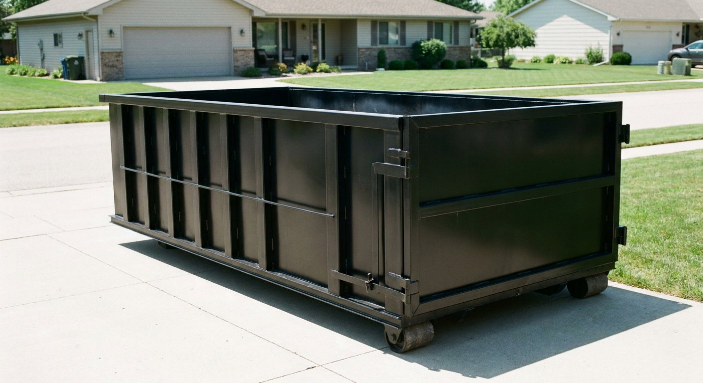 Matte-black 10-yard roll-off dumpster on a residential concrete driveway in Danbury, uniformly painted matte black across every panel and rail, ribbed steel sidewalls and rear swing door visible, mid-day daylight.