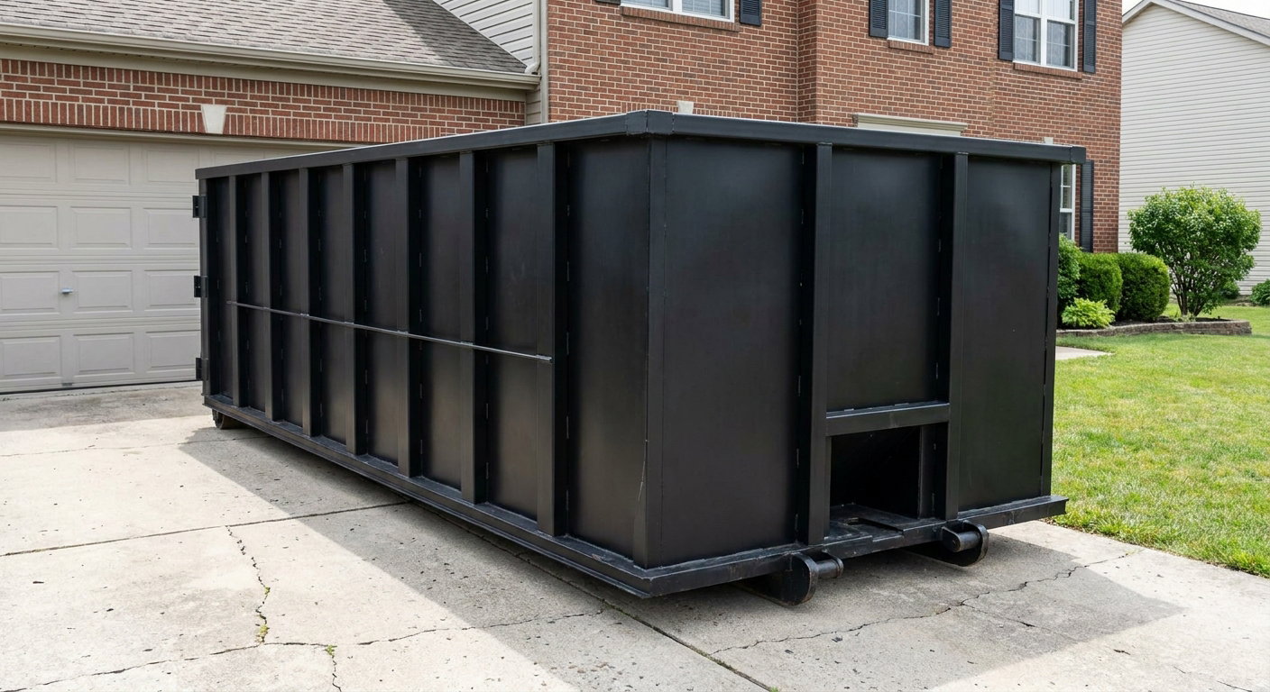 Matte-black 20-yard roll-off container on a Danbury residential concrete driveway with reinforced ribbed steel sidewalls and a hinged rear walk-in door, clean bright daylight.