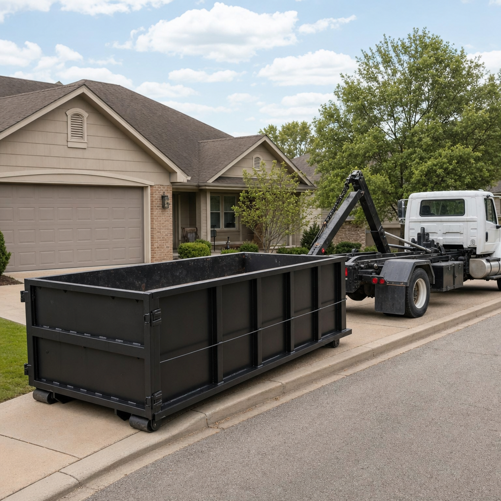 Wide documentary shot of a matte-black roll-off dumpster on a Danbury residential driveway in the foreground and a contractor jobsite container in the soft-focus background, bright daylight, calm and orderly composition.