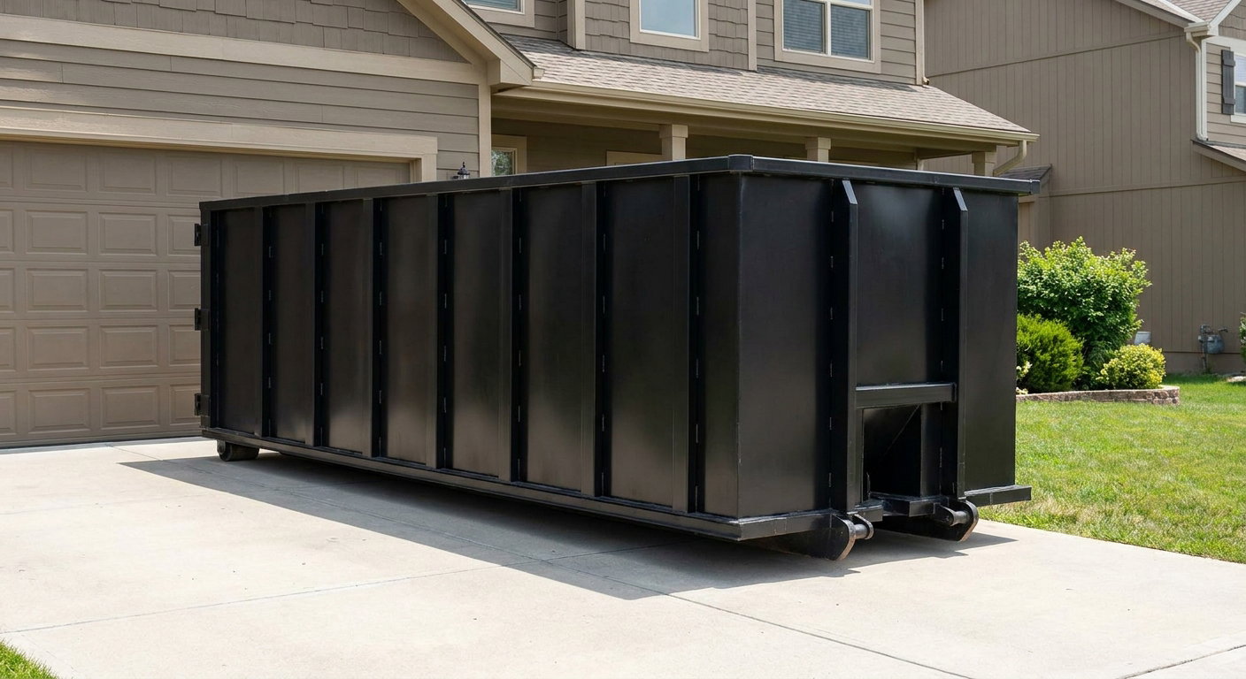 Matte-black residential roll-off dumpster sitting directly on a suburban Danbury concrete driveway, garage door closed, single-family home in background, bright morning daylight.