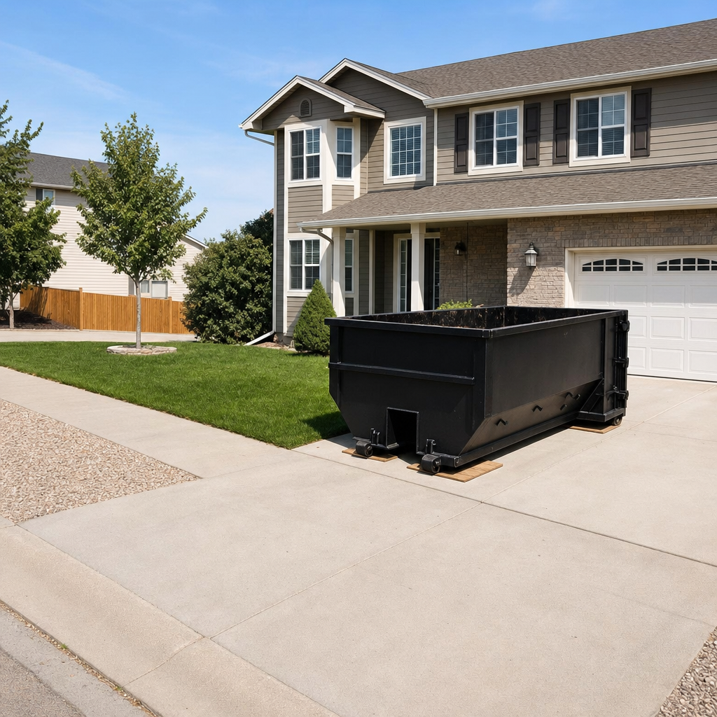 10-yard matte-black residential dumpster placed directly on a narrow Danbury concrete driveway, room remains for a parked sedan beside it, mid-morning natural light