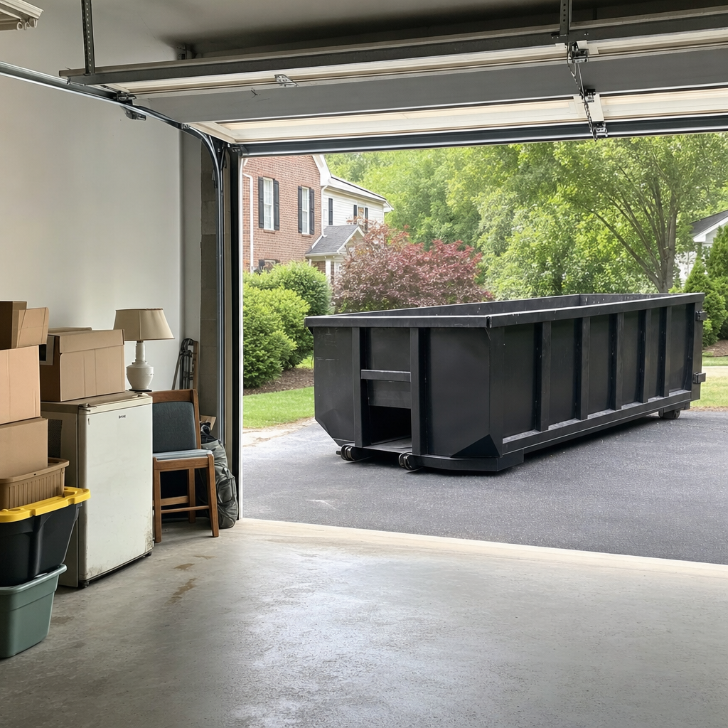 Open garage interior in a Danbury home mid-cleanout — boxed items, an old appliance, and stacked yard tools queued near the driveway for a matte-black roll-off dumpster, organized and calm
