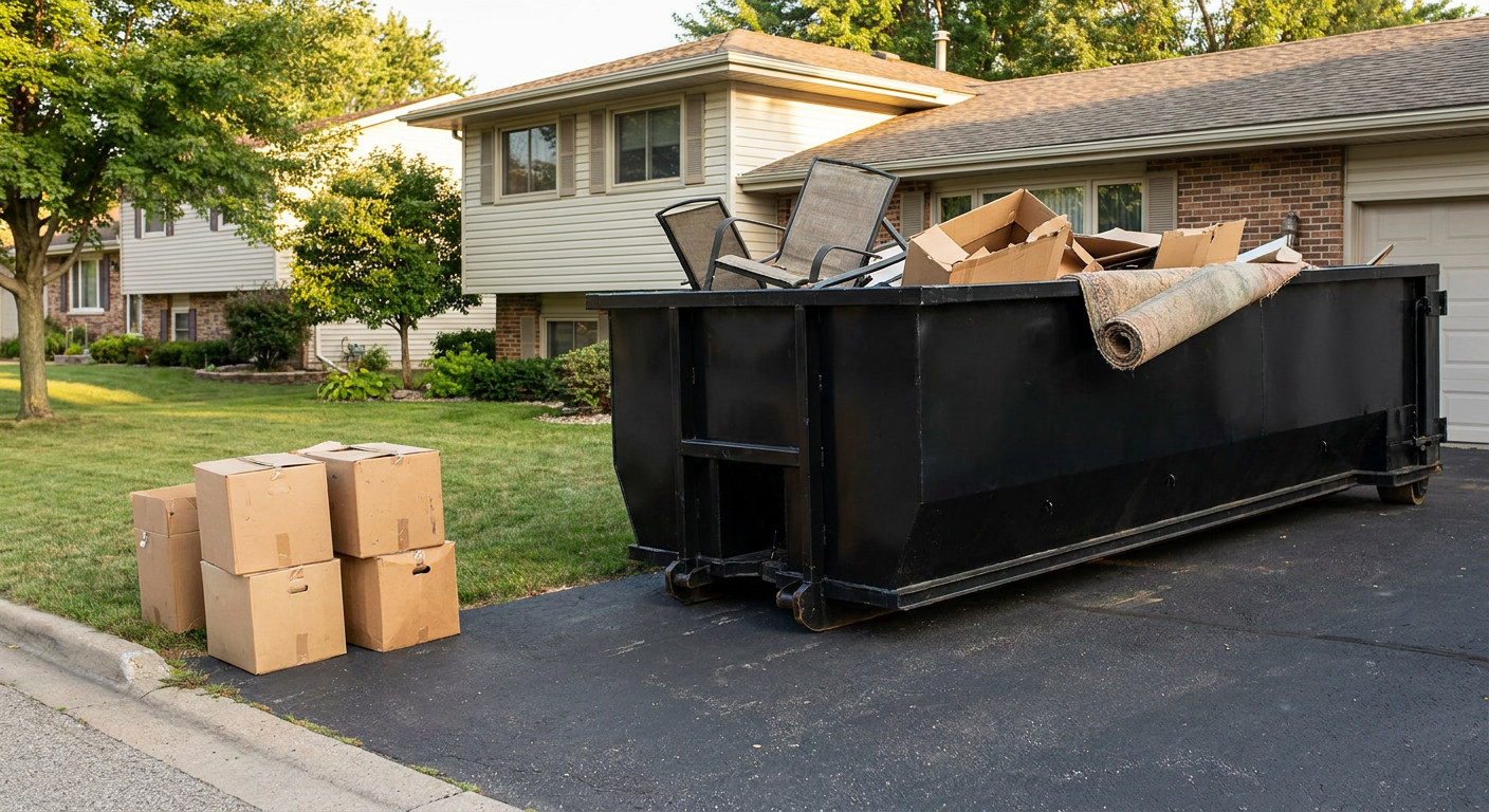 Front-yard view of a Danbury split-level home with a 20-yard matte-black roll-off dumpster sitting directly on the asphalt driveway, a few clearly labeled donation boxes staged at the curb, calm sunny afternoon.