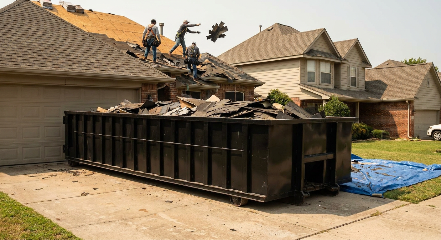 Matte-black roofing roll-off dumpster placed directly on a Danbury residential concrete driveway, a tear-off crew on a two-story asphalt-shingle roof tossing shingle bundles into the low-walled container, bright daylight, documentary 35mm perspective.