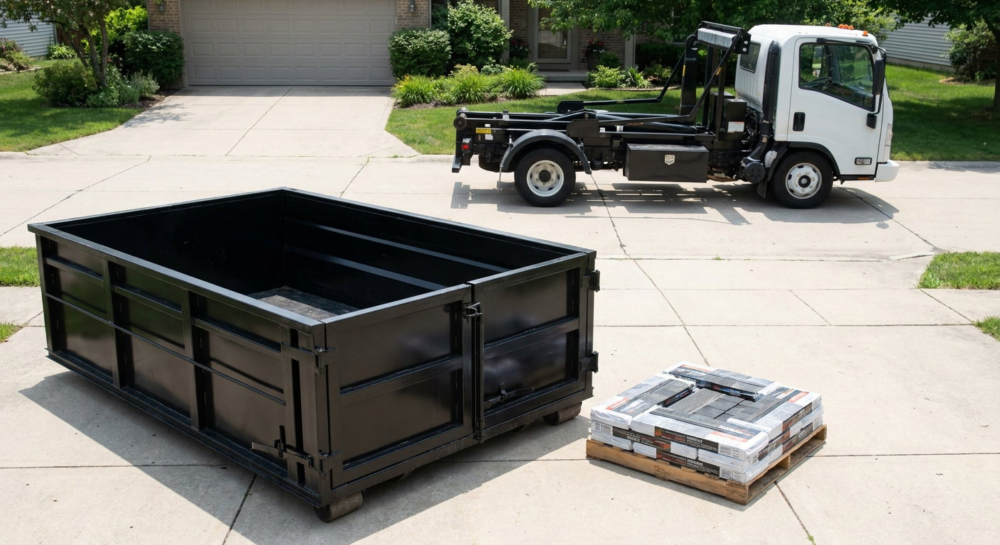 Matte-black 15-yard roofing roll-off dumpster with reinforced low side walls sitting directly on a Danbury residential concrete driveway, three-tab asphalt shingle bundles stacked nearby, an unmarked white hauler truck partially visible at the edge of the frame.