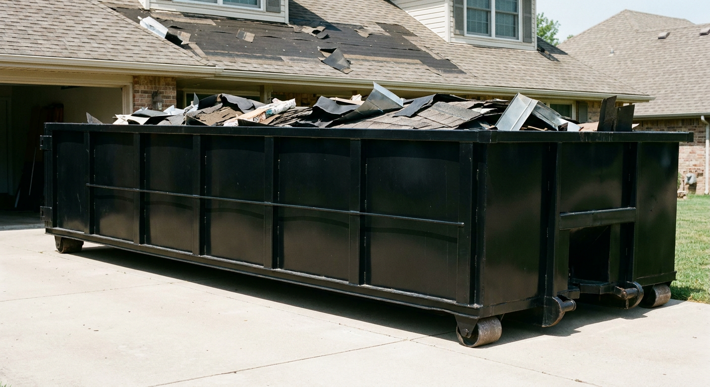 Matte-black 20-yard roofing roll-off dumpster with steel ribbed sides and swinging rear door, sitting directly on the concrete driveway of a two-story Danbury home, asphalt shingle debris being loaded over the low wall, clean documentary lighting.