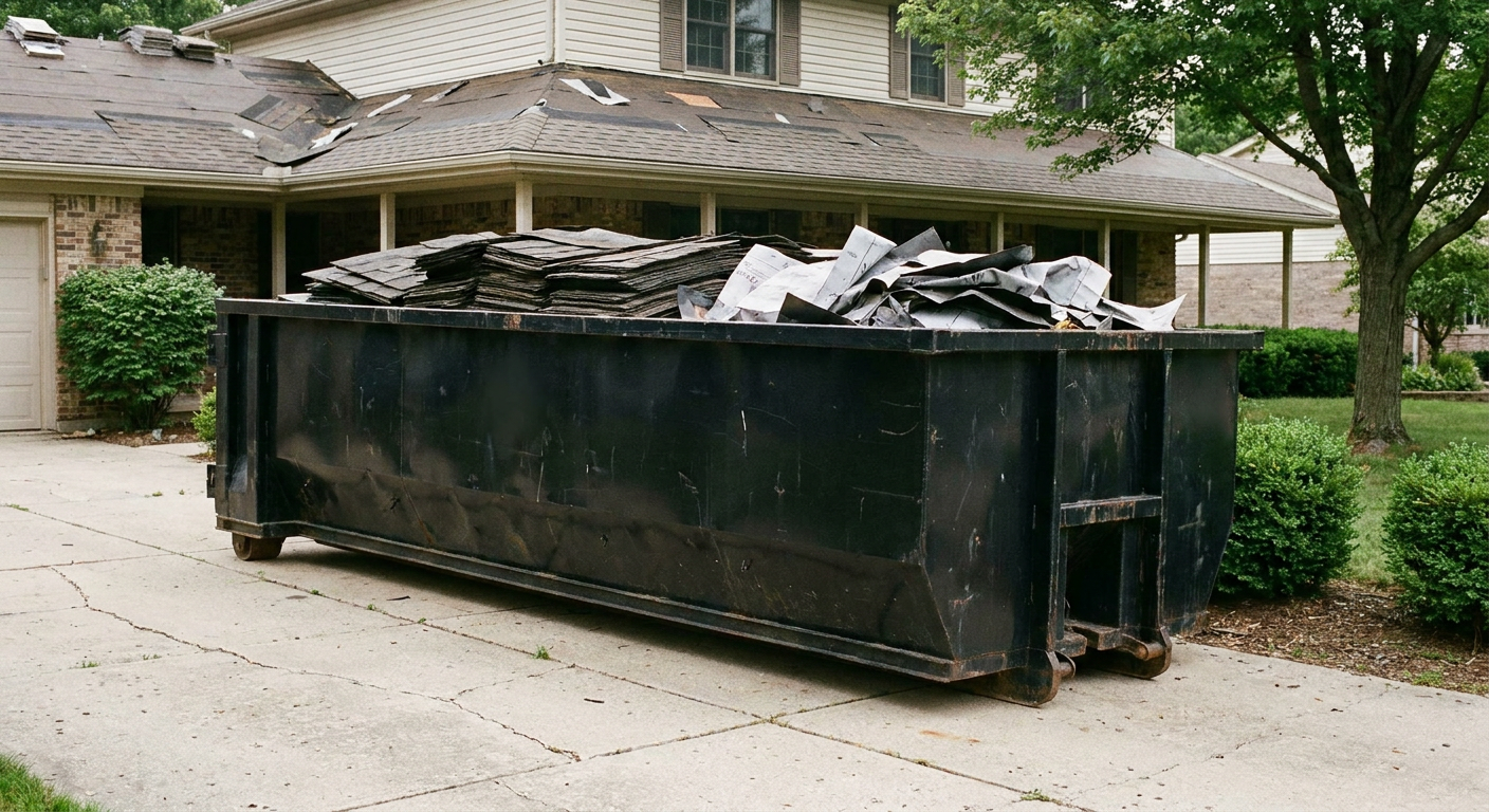 Matte-black 30-yard roofing roll-off dumpster sitting directly on a Danbury concrete driveway, taller ribbed steel side panels, mixed tear-off debris of asphalt shingles and underlayment inside, professional documentary daylight.