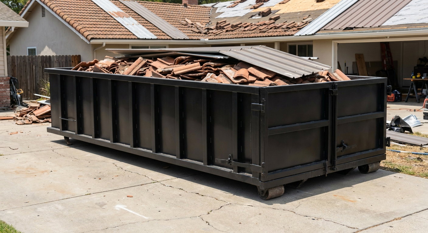 Matte-black low-wall heavy-debris roofing roll-off dumpster sitting directly on a Danbury concrete driveway, broken concrete clay roof tiles and metal panel sections loaded inside, reinforced ribbed steel side walls visible, bright outdoor daylight.