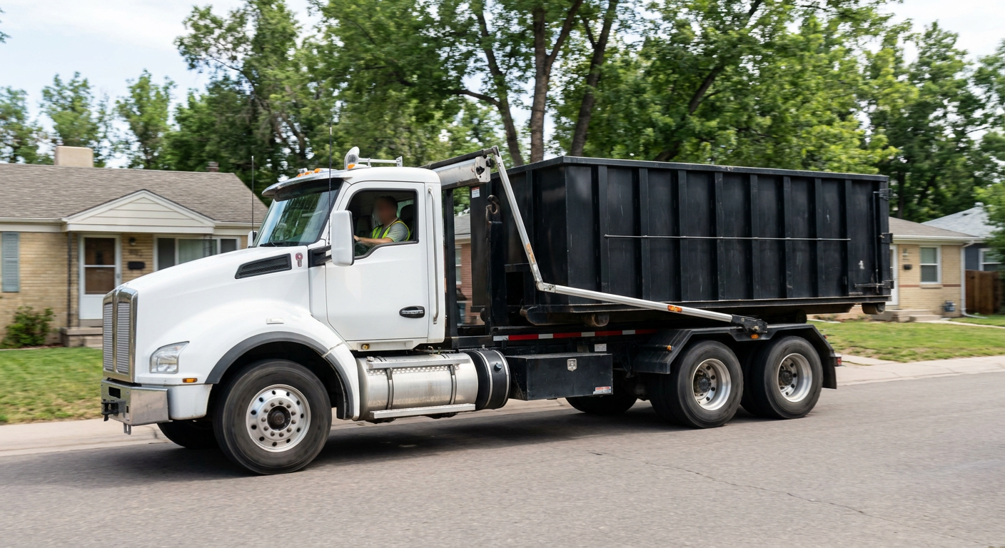 A wide documentary shot of a matte-black roll-off delivery truck pulling onto a quiet Danbury residential street at mid-morning, with neighborhood rooftops and tree-lined blocks visible behind, showing the metro coverage footprint.
