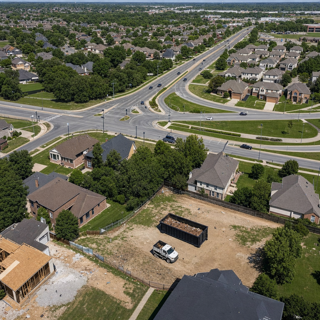 An overhead documentary view of the Danbury metro area at midday, showing the spread of neighborhoods, arterial roads, and the dispatch radius from a central yard — clean daylight, organized geographic layout.