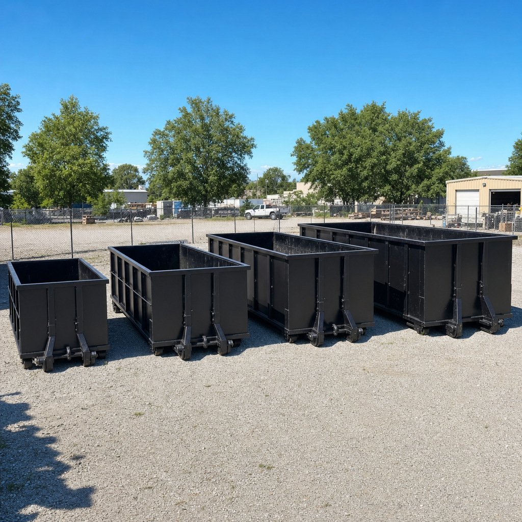 A clean lineup of matte-black roll-off dumpsters in 10, 20, 30, and 40-yard sizes staged on a sunlit gravel yard in Danbury, showing the size progression from compact to commercial-scale containers.