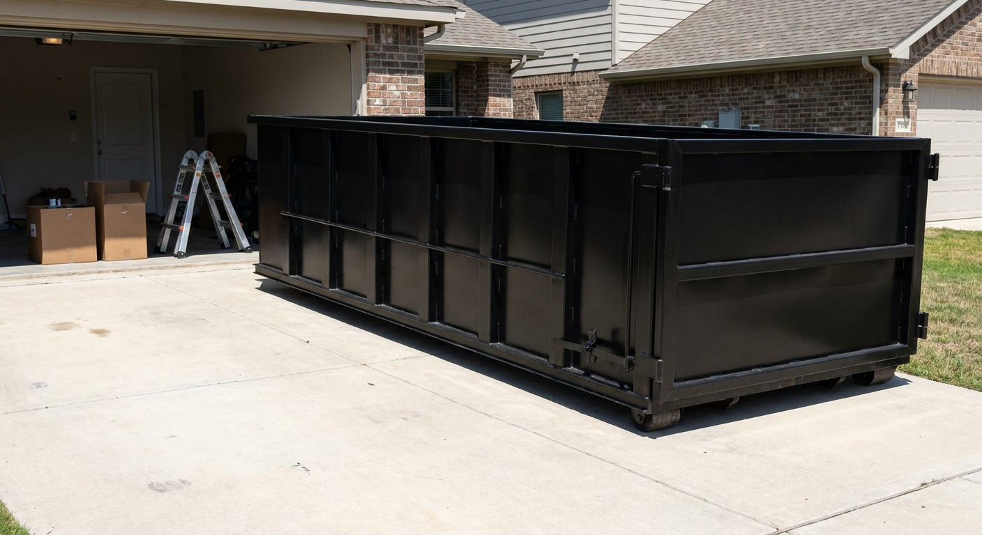A matte-black 10-yard roll-off dumpster sitting directly on a residential Danbury concrete driveway, mid-day sunlight, clean and ready for a garage cleanout.