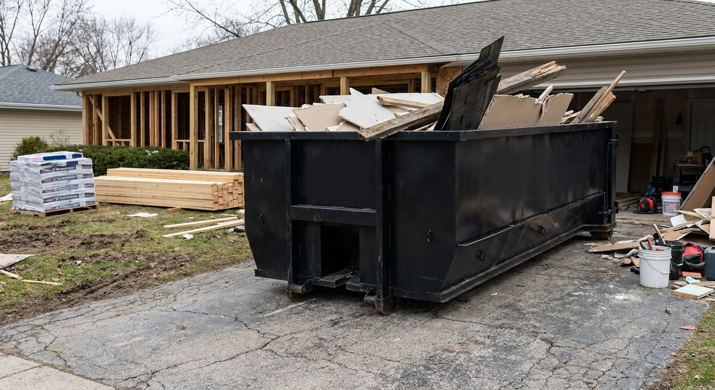 A matte-black 20-yard roll-off dumpster placed alongside a mid-renovation Danbury home directly on the asphalt driveway, with framing materials and torn-off shingles staged neatly nearby.