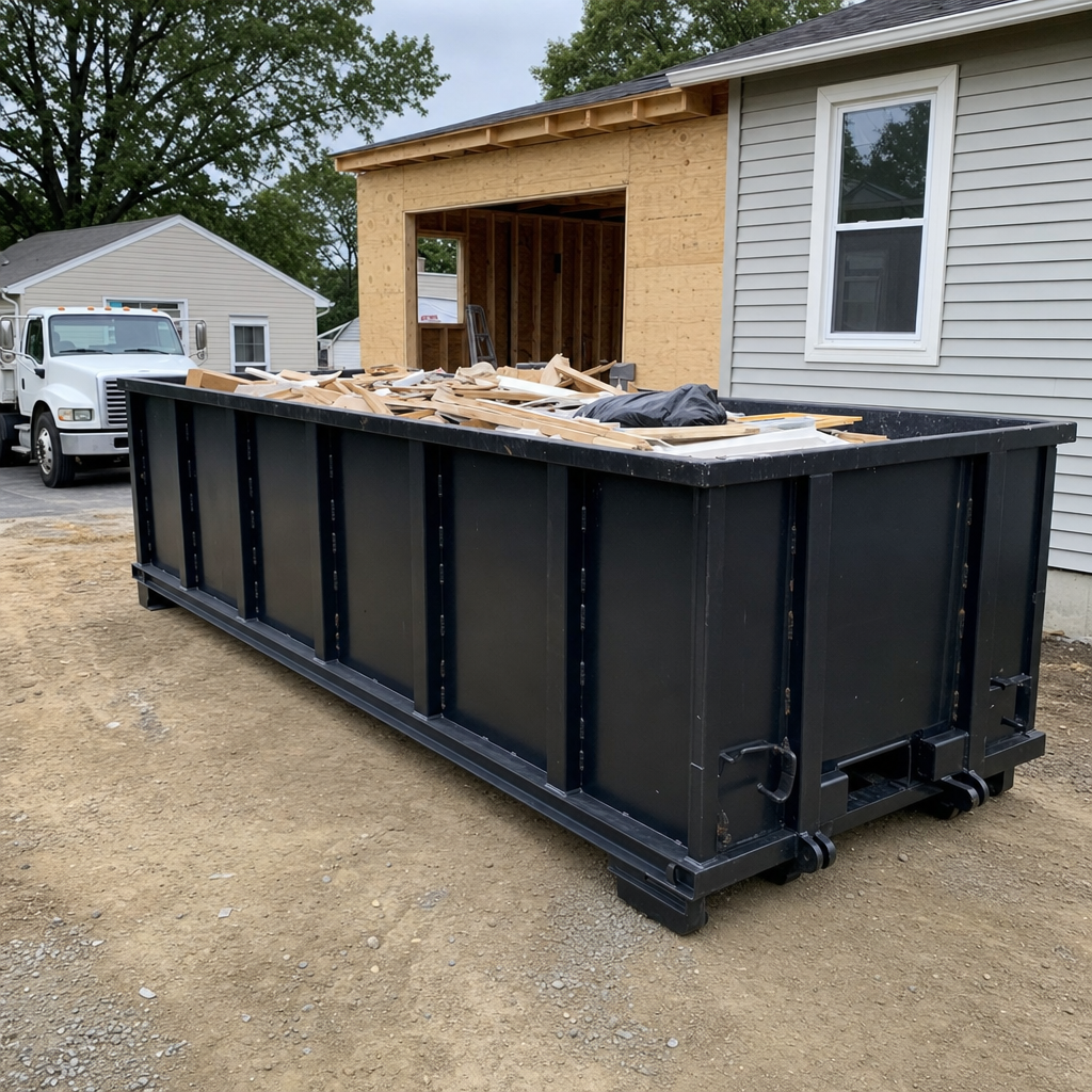 A matte-black 30-yard roll-off dumpster positioned at a Danbury residential addition jobsite, with framing lumber and drywall scraps loaded through the open swinging rear doors.