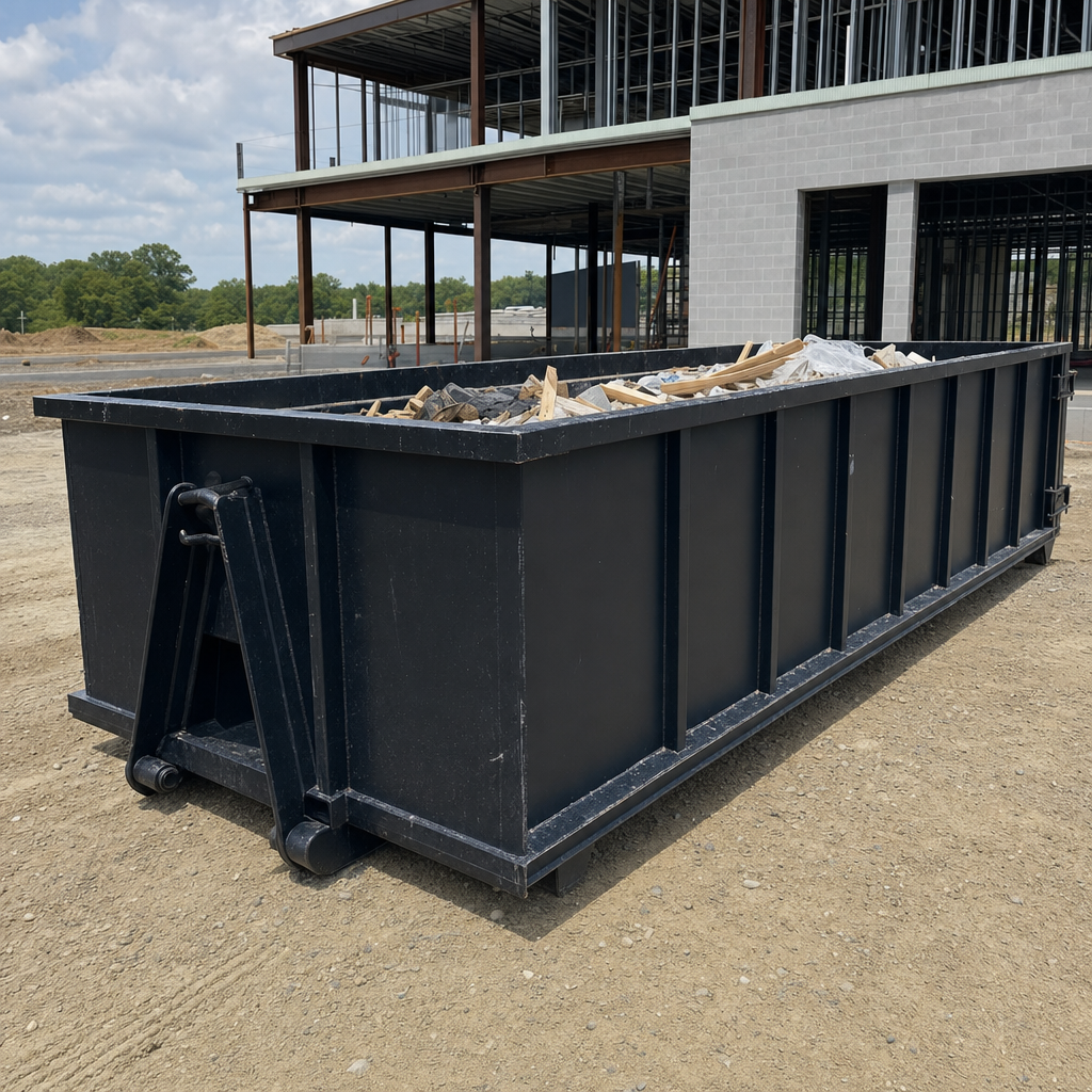 A matte-black 40-yard roll-off dumpster staged on a large Danbury commercial construction lot, with a hooklift delivery truck parked alongside under bright midday sky.