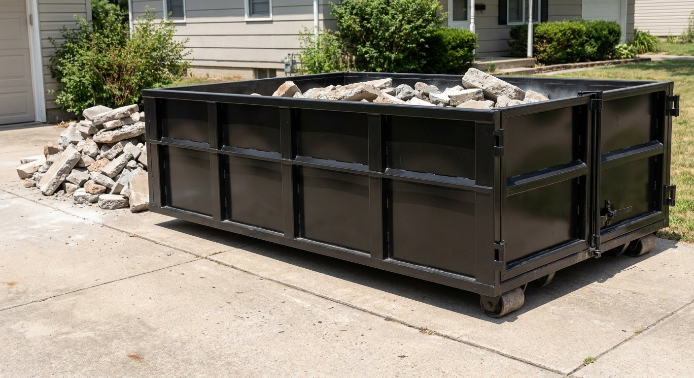 A matte-black low-side heavy-debris roll-off dumpster placed directly on a Danbury concrete driveway, with broken concrete chunks neatly stacked beside it under clean daylight.